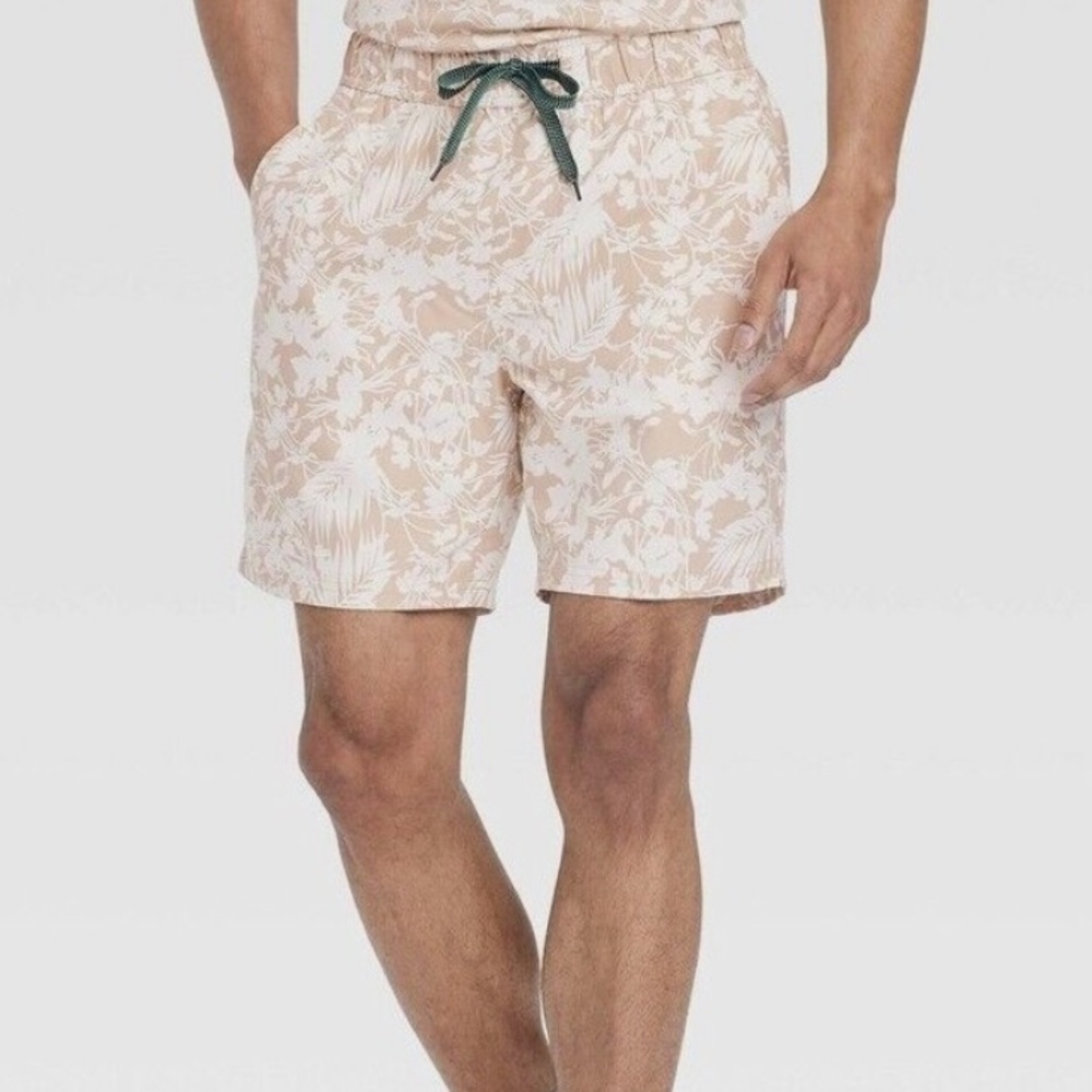 Houston White Adult 7" Leaf Print Pull-on Swim Shorts elastic & tie mesh brief